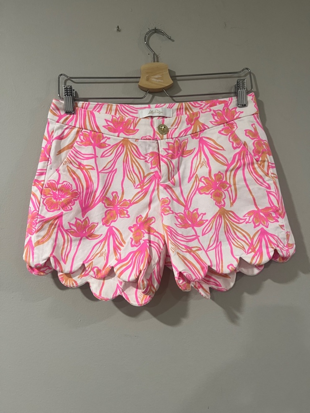 Lilly Pulitzer White Shorts with Pink & Orange Floral Scalloped Hem
